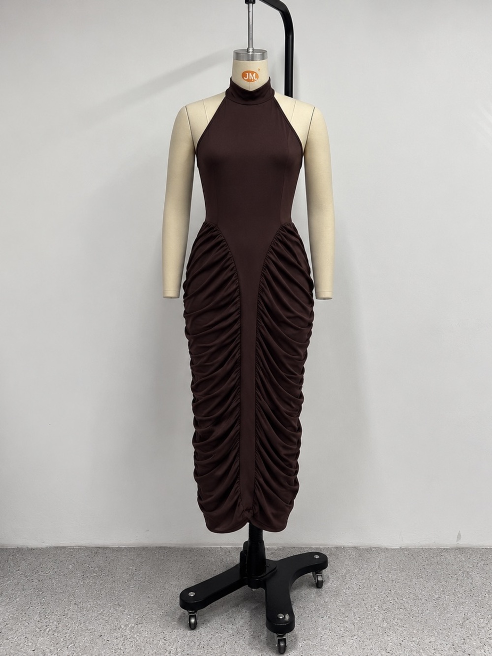 Sleeveless Ruched Halter Midi Dress - Chocolate Brown Dress Gown